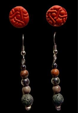 Vintage Lava Bead Dangle Earrings & Faux Carved Cinnabar Stud Set